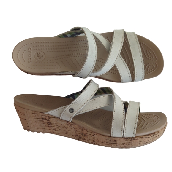 Crocs Open Toe Cork Wedge Strappy Slide Sandal 8 Creamy Beige Tan - Picture 2 of 16